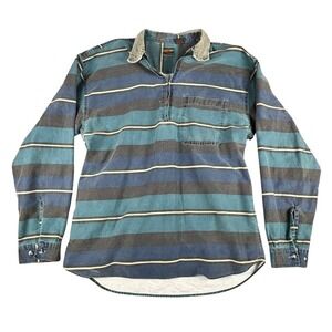 Vintage PB&Co Men's Rugby Polo Shirt Size L Blue Teal Gray Striped 1/4 Zip